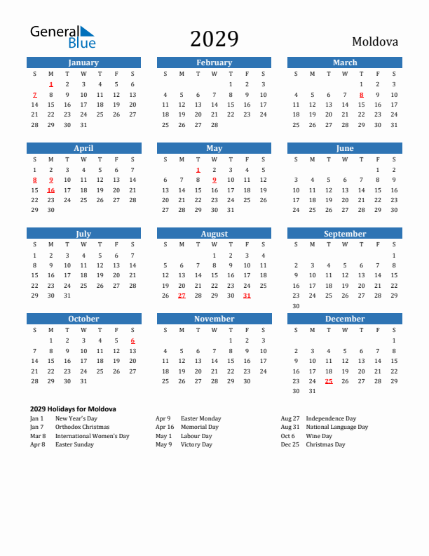 Moldova 2029 Calendar with Holidays