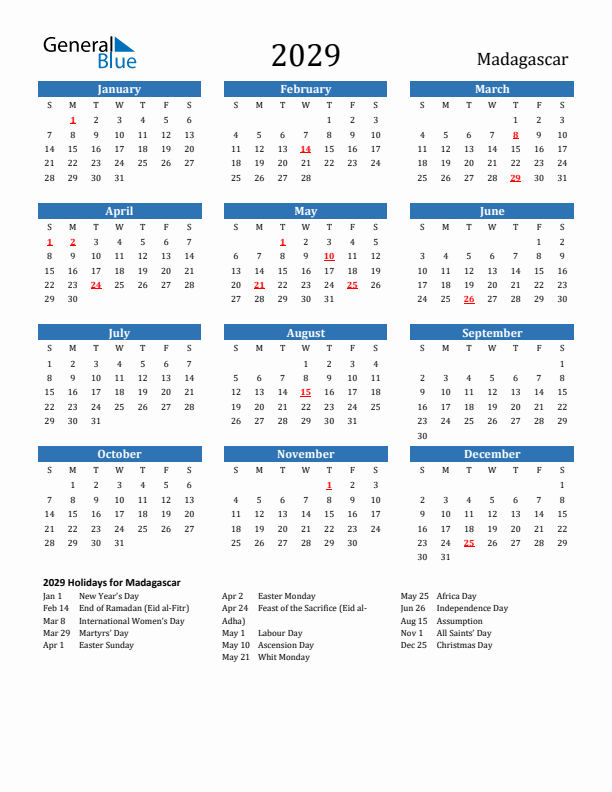 Madagascar 2029 Calendar with Holidays
