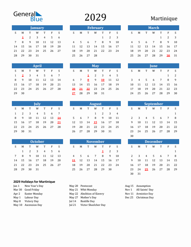 Martinique 2029 Calendar with Holidays