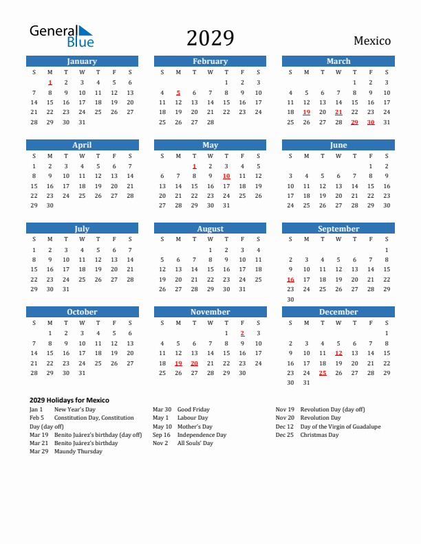 Mexico 2029 Calendar with Holidays