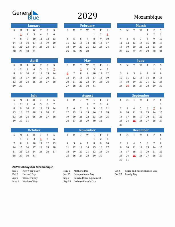 Mozambique 2029 Calendar with Holidays