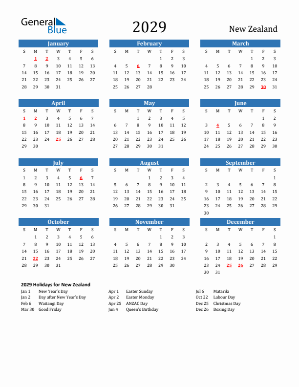 New Zealand 2029 Calendar with Holidays