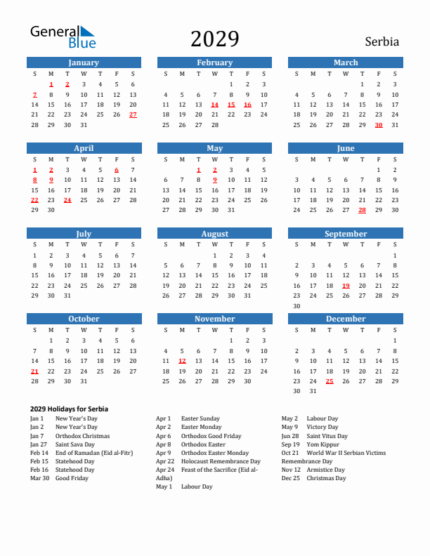 Serbia 2029 Calendar with Holidays