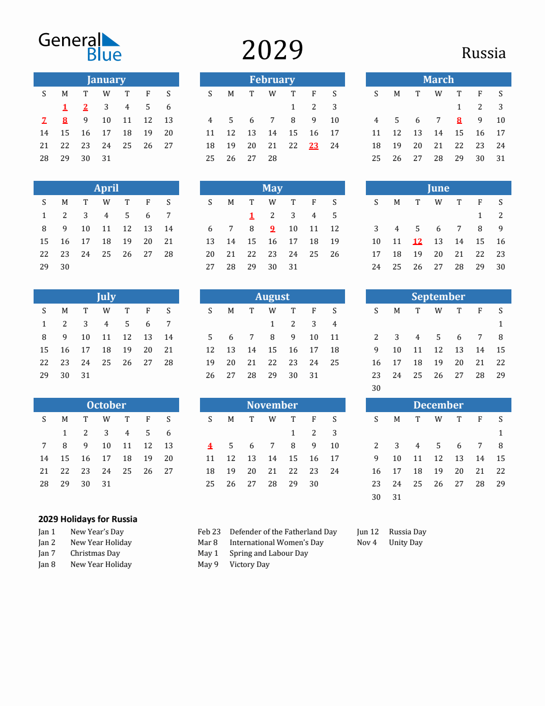 2029 Russia Calendar with Holidays