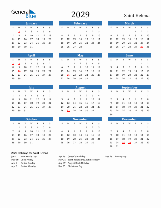 Saint Helena 2029 Calendar with Holidays