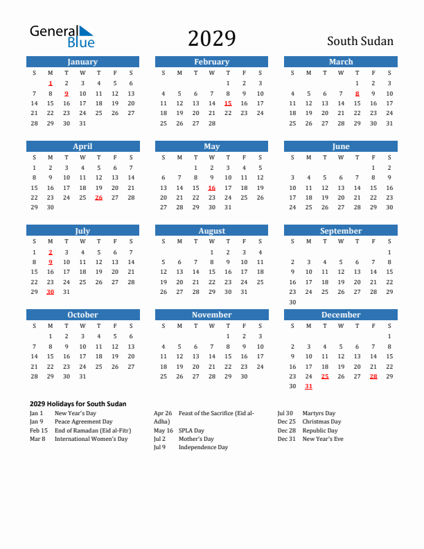 South Sudan 2029 Calendar with Holidays