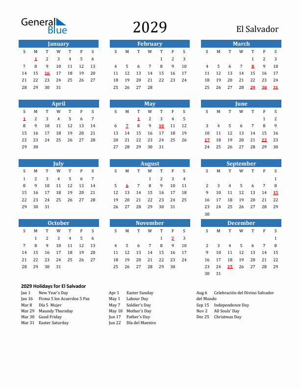 El Salvador 2029 Calendar with Holidays