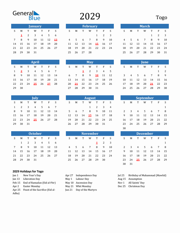 Togo 2029 Calendar with Holidays