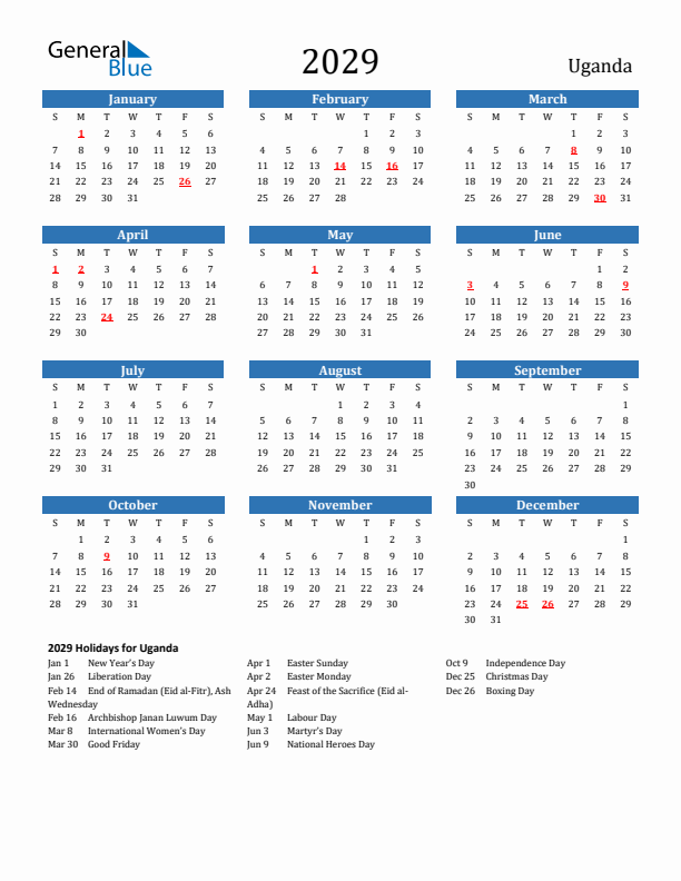 Uganda 2029 Calendar with Holidays