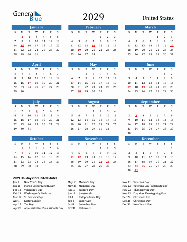 United States 2029 Calendar with Holidays