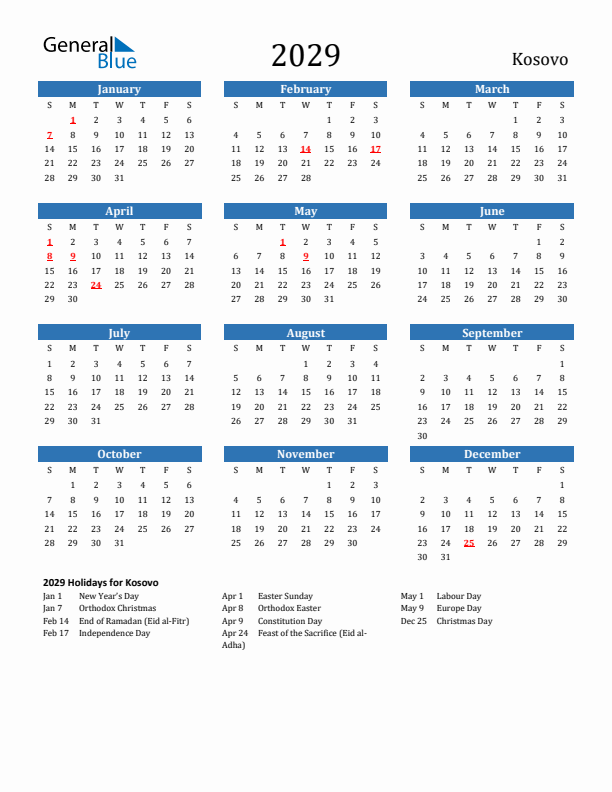 Kosovo 2029 Calendar with Holidays