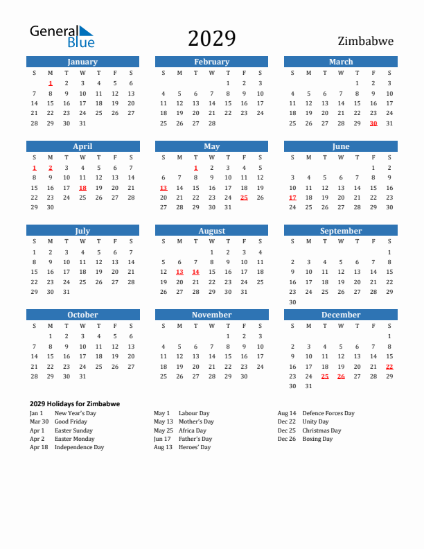 Zimbabwe 2029 Calendar with Holidays