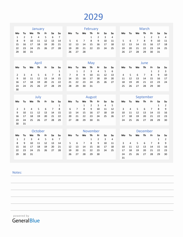 2029 Yearly Calendar Template with Notes Section (PDF Excel Word)