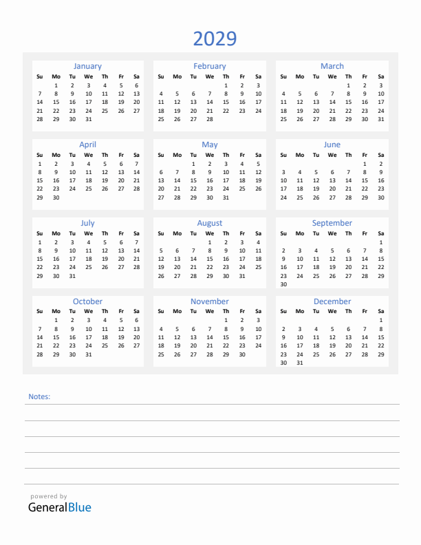 2029 Yearly Calendar Template with Notes Section (PDF Excel Word)