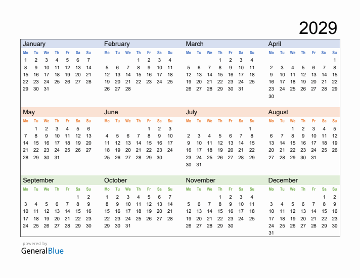 Free Downloadable 2029 Yearly Calendar Template 