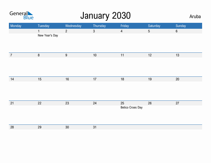 Fillable January 2030 Calendar