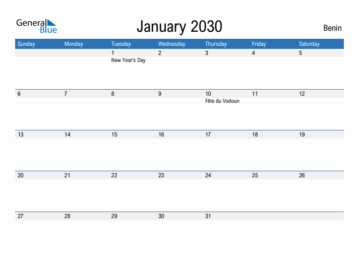 Fillable January 2030 Calendar