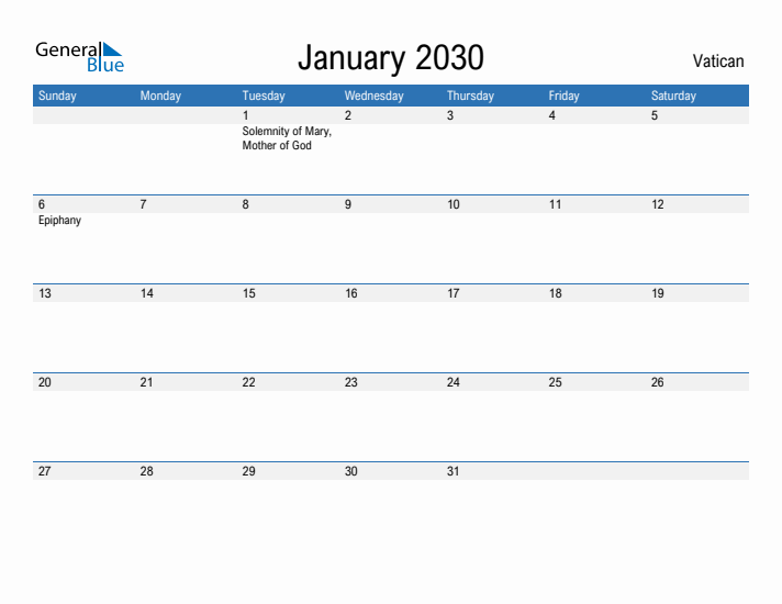 Fillable January 2030 Calendar