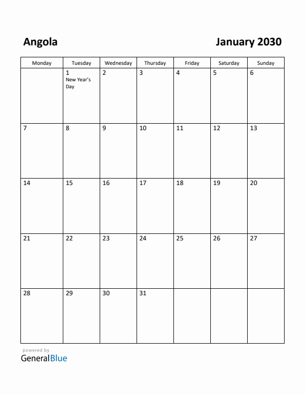 January 2030 Calendar with Angola Holidays
