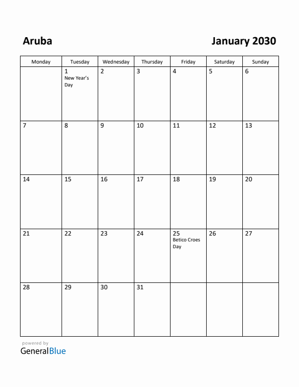 January 2030 Calendar with Aruba Holidays