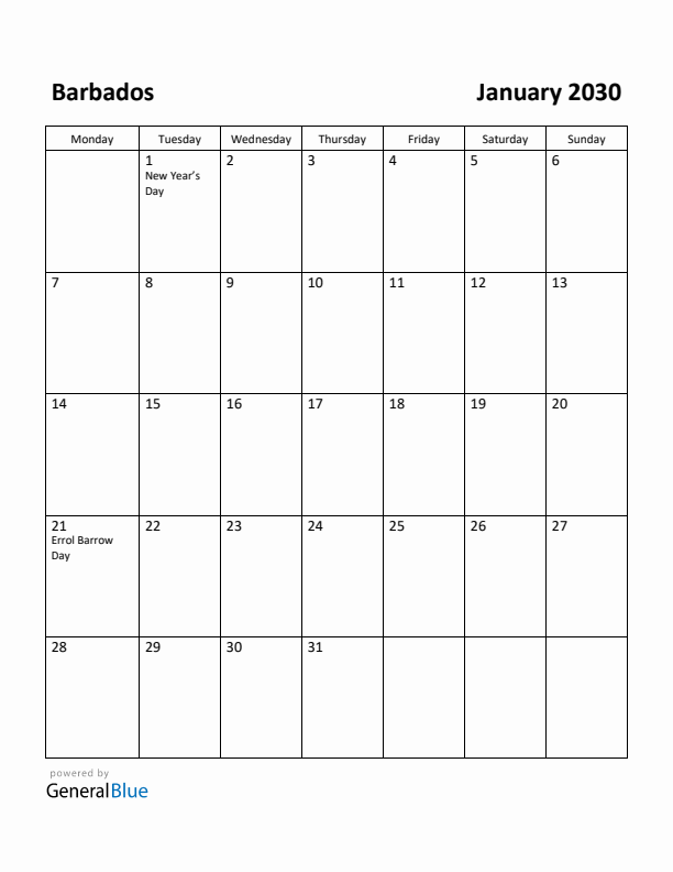 January 2030 Calendar with Barbados Holidays