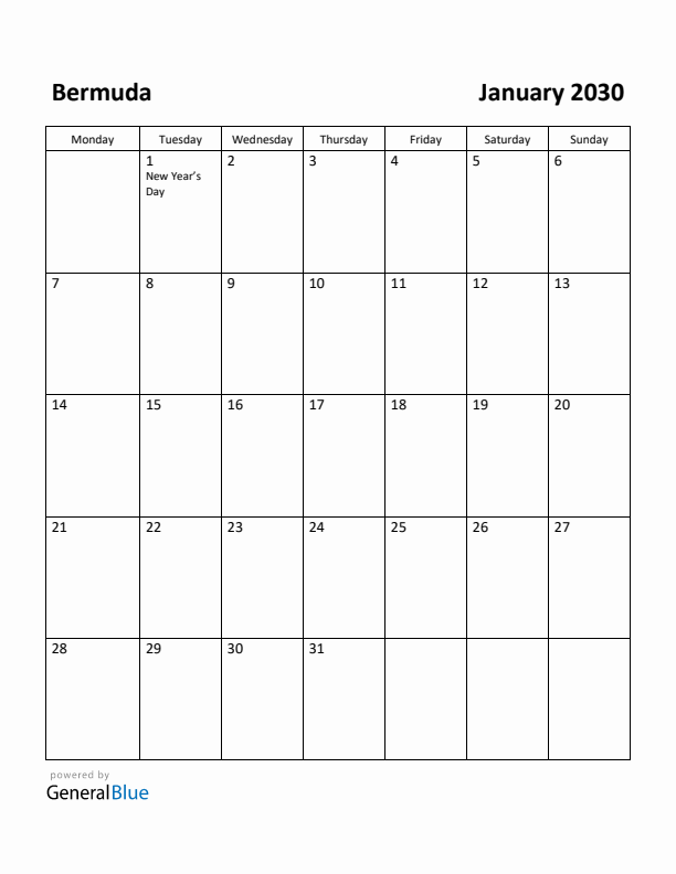 January 2030 Calendar with Bermuda Holidays