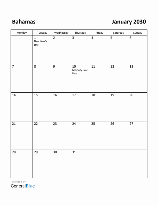 January 2030 Calendar with Bahamas Holidays