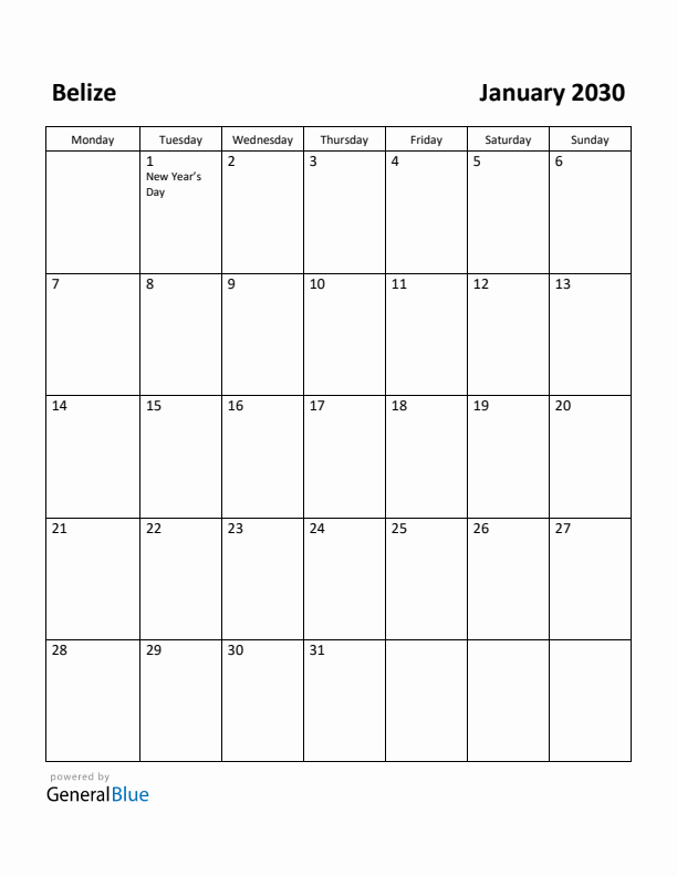 January 2030 Calendar with Belize Holidays