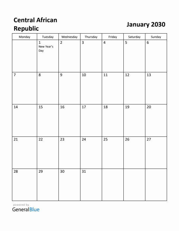 January 2030 Calendar with Central African Republic Holidays