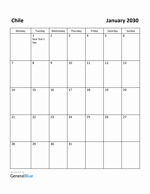 January 2030 Calendar with Chile Holidays