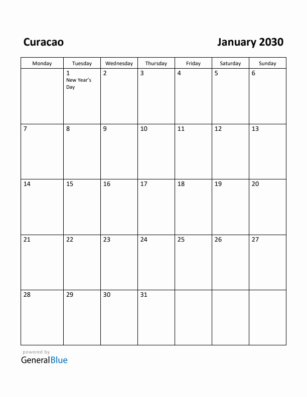 January 2030 Calendar with Curacao Holidays