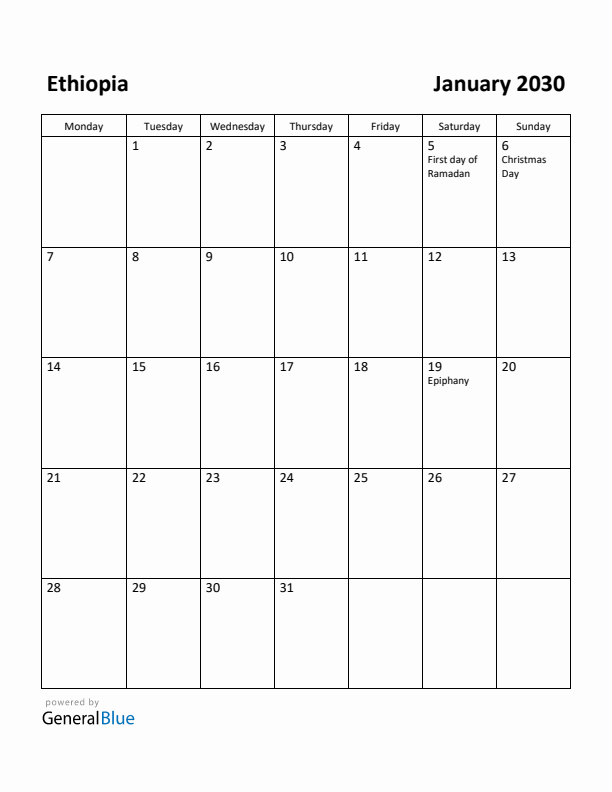January 2030 Calendar with Ethiopia Holidays