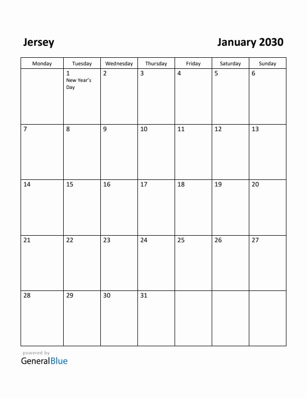 January 2030 Calendar with Jersey Holidays