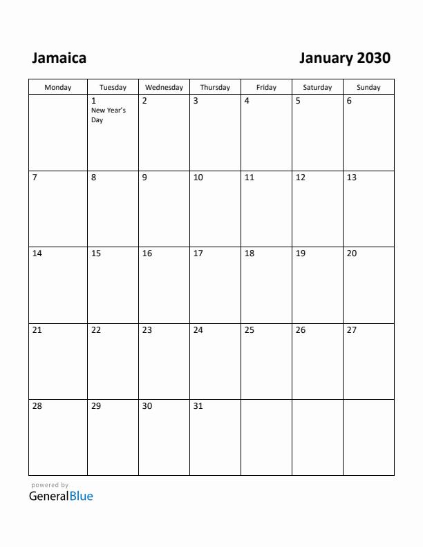 January 2030 Calendar with Jamaica Holidays
