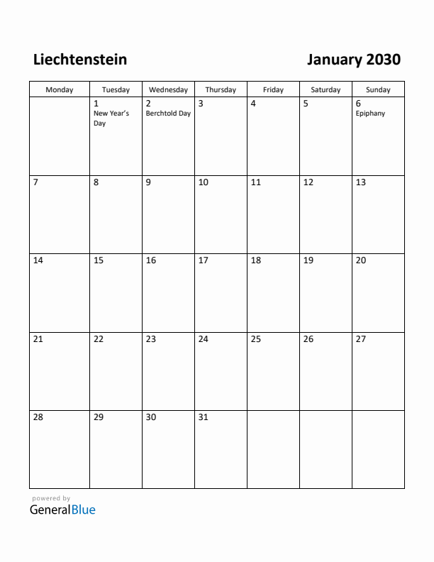 January 2030 Calendar with Liechtenstein Holidays