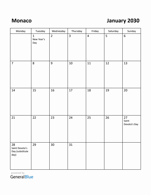 January 2030 Calendar with Monaco Holidays