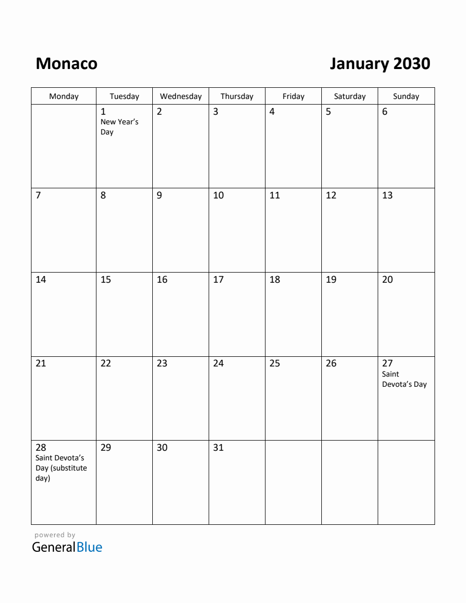 Free Printable January 2030 Calendar for Monaco