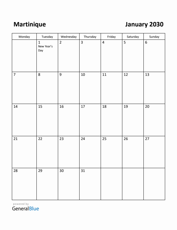 January 2030 Calendar with Martinique Holidays