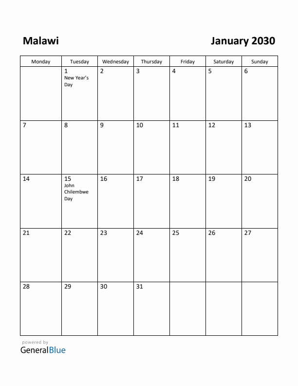 January 2030 Calendar with Malawi Holidays