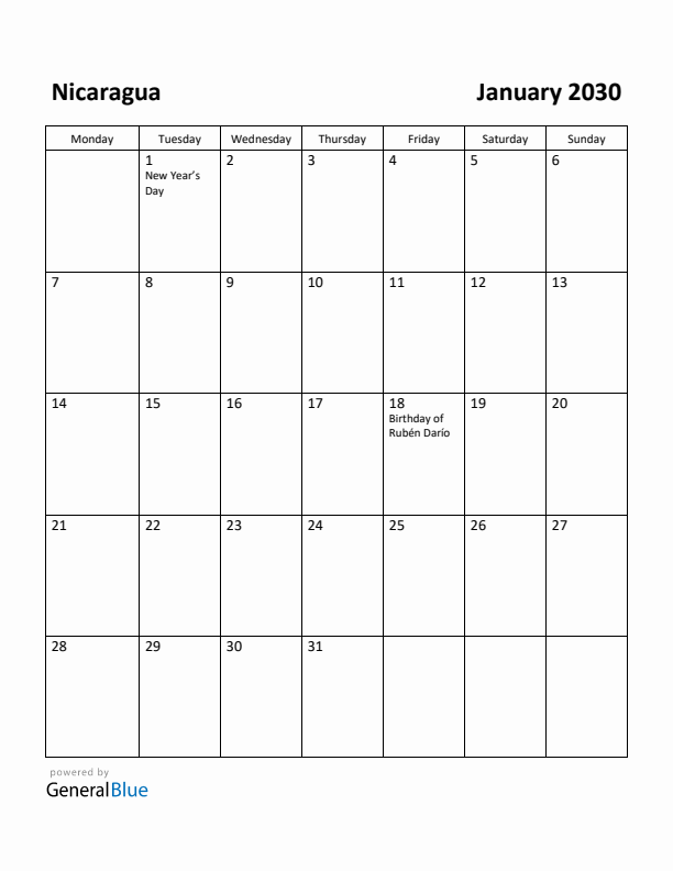January 2030 Calendar with Nicaragua Holidays