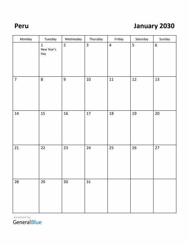 January 2030 Calendar with Peru Holidays