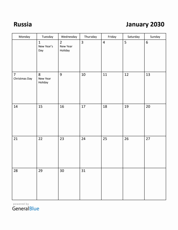 January 2030 Calendar with Russia Holidays