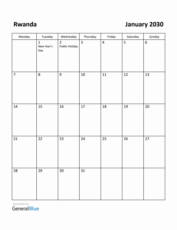 January 2030 Calendar with Rwanda Holidays