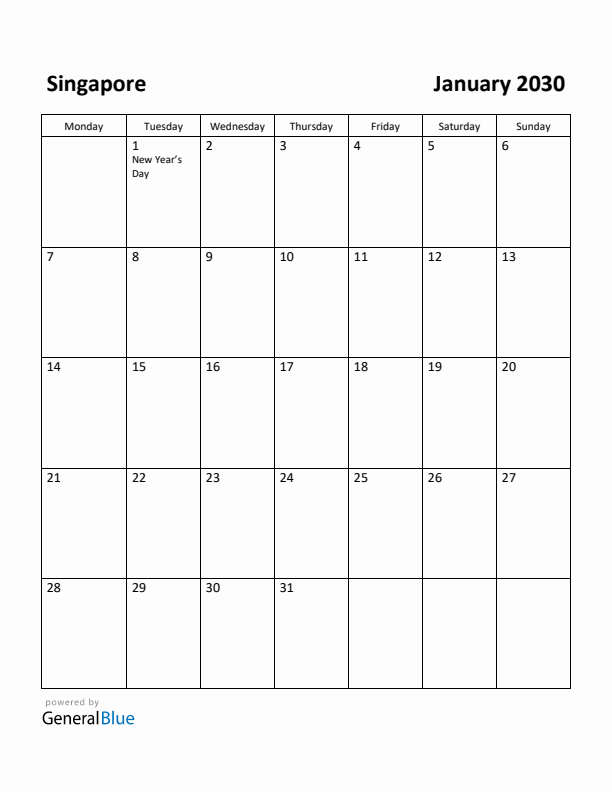 January 2030 Calendar with Singapore Holidays