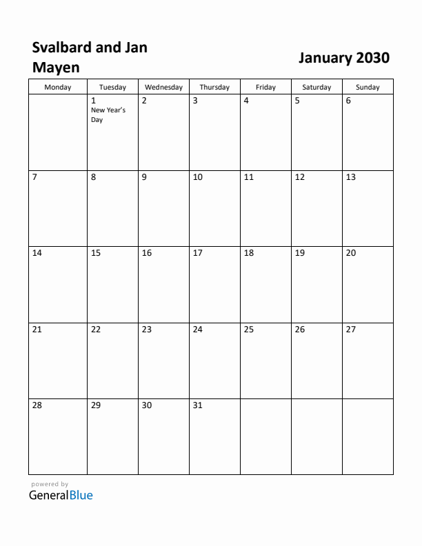January 2030 Calendar with Svalbard and Jan Mayen Holidays