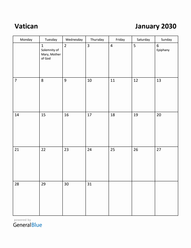 January 2030 Calendar with Vatican Holidays
