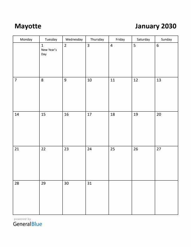 January 2030 Calendar with Mayotte Holidays