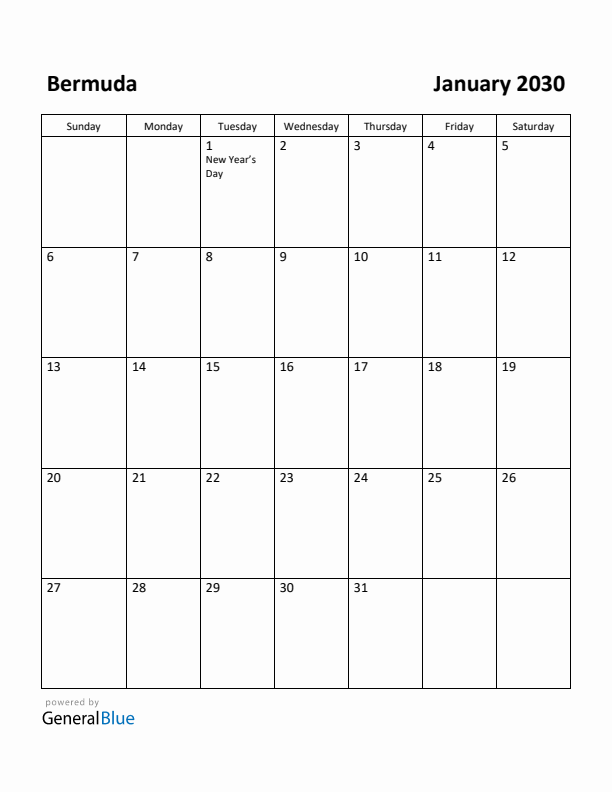 January 2030 Calendar with Bermuda Holidays