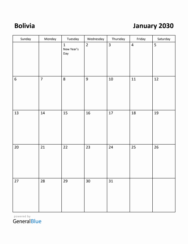 January 2030 Calendar with Bolivia Holidays