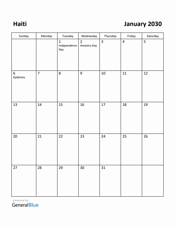January 2030 Calendar with Haiti Holidays